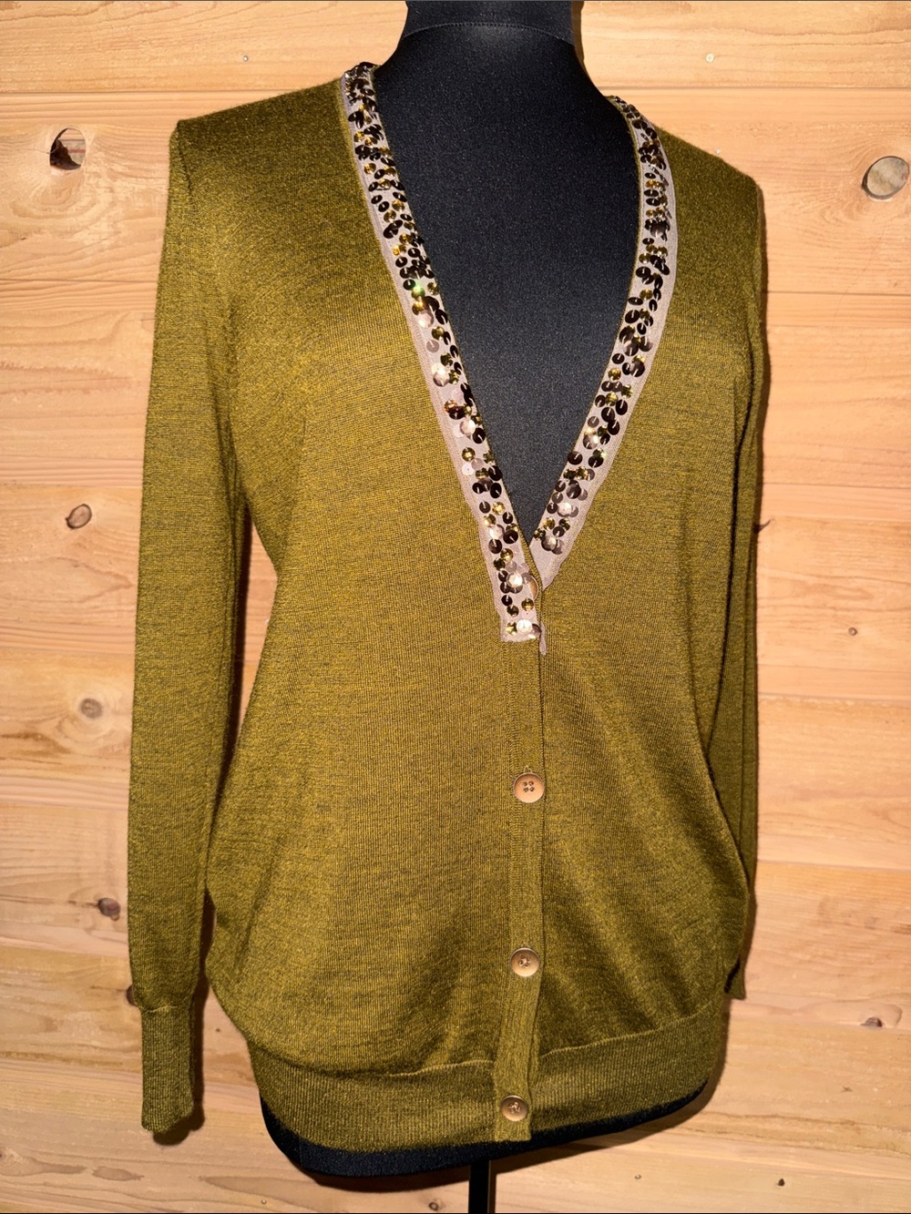 Green V-neck sequin trim wool blend sweater cardigan Loft size Large